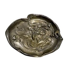 Art Nouveau Raised Smoking Woman Dresser Coin Pin Vanity Tray Brass